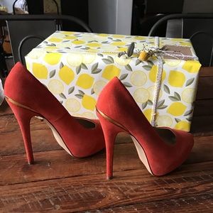 Red Orange Gold Accent Platform Suede Heels